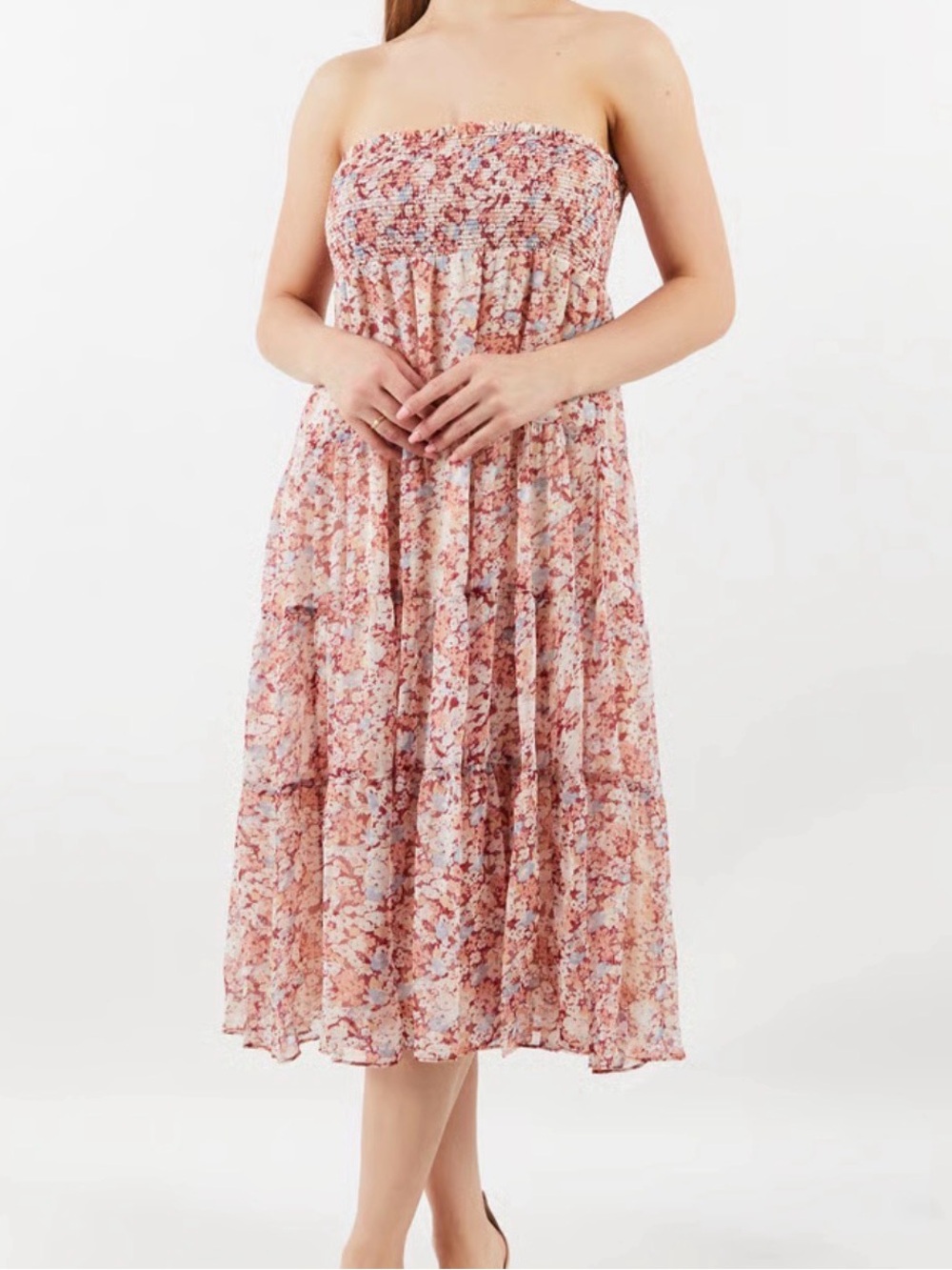 Ralph Lauren Strapless Floral Smocked Georgette Midi Dress